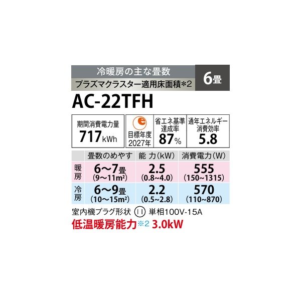 画像2: シャープ AC-22TFH エアコン 6畳 ルームエアコン FHシリーズ プラズマクラスター 単相100V 6畳程度 ホワイト (AC-22SFHの後継品) (2)