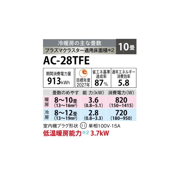 画像2: シャープ AC-28TFE エアコン 10畳 ルームエアコン FEシリーズ プラズマクラスター 単相100V 10畳程度 ホワイト (AC-28SFEの後継品) (2)