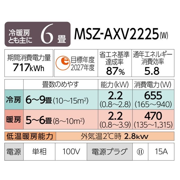 画像2: [在庫あり] 三菱 MSZ-AXV2225(W) エアコン 6畳 ルームエアコン AXVシリーズ 単相100V/15A 6畳程度 ピュアホワイト MSZ-AXV2224-Wの後継品 ☆2 ♭ (2)