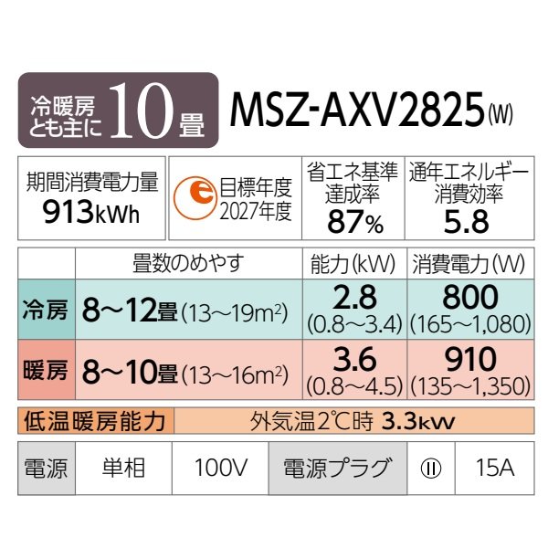 画像2: [在庫あり] 三菱 MSZ-AXV2825(W) エアコン 10畳 ルームエアコン AXVシリーズ 単相100V/15A 10畳程度 ピュアホワイト MSZ-AXV2824-Wの後継品 ☆2 ♭ (2)