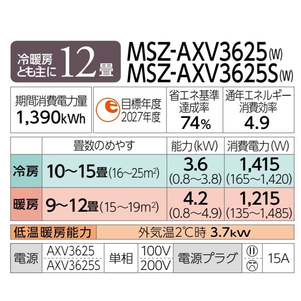 画像2: [在庫あり] 三菱 MSZ-AXV3625(W) エアコン 12畳 ルームエアコン AXVシリーズ 単相100V/15A 12畳程度 ピュアホワイト MSZ-AXV3624-Wの後継品 ☆2 ♭ (2)