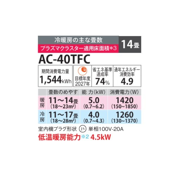 画像2: シャープ AC-40TFC エアコン 14畳 ルームエアコン FCシリーズ プラズマクラスター 単相100V 14畳程度 ホワイト (2)