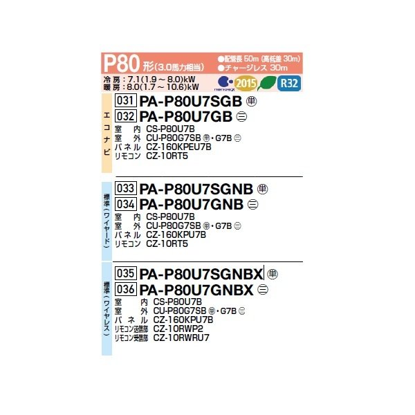 画像2: パナソニック PA-P80U7GNBX 業務用エアコン 4方向天井カセット形 XEPHY Premium 標準(ワイヤレス) シングル P80 形3.0馬力 三相200V ♪ (2)