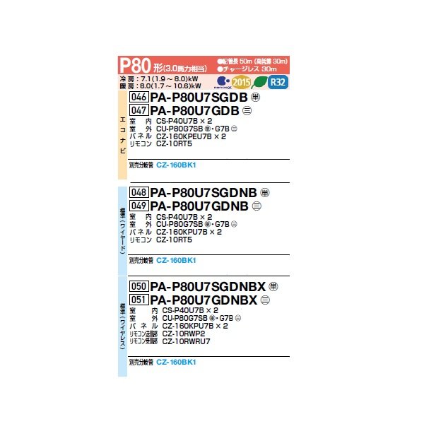 画像2: パナソニック [PA-P80U7GDNBX＋分岐管] 業務用エアコン 4方向天井カセット形 標準(ワイヤレス) 同時ツイン P80 形3.0馬力 三相200V ♪ (2)