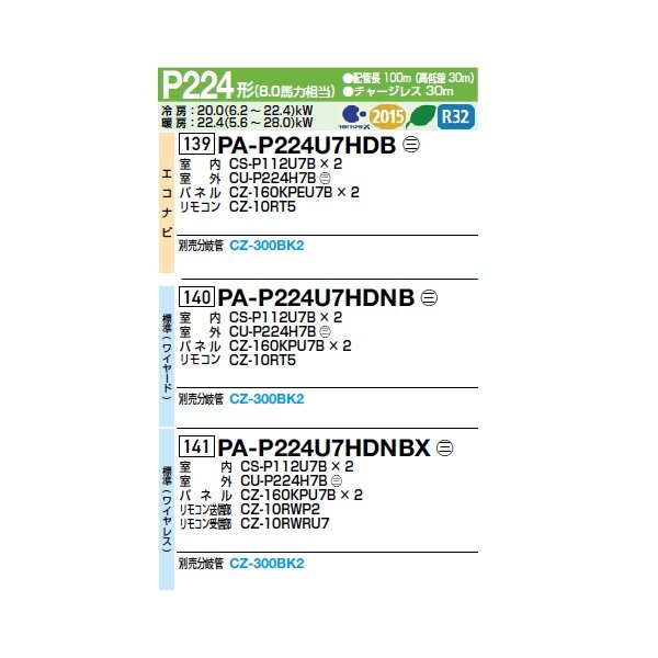 画像2: パナソニック [PA-P224U7HDNBX＋分岐管] 業務用エアコン 4方向天井カセット形 標準(ワイヤレス) 同時ツイン P224 形8.0馬力 三相200V ♪ (2)