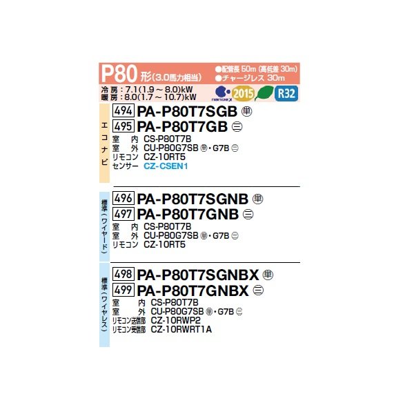 画像2: パナソニック PA-P80T7GNBX 業務用エアコン 天井吊形 XEPHY Premium 標準(ワイヤレス) シングル P80 形3.0馬力 三相200V ♪ (2)
