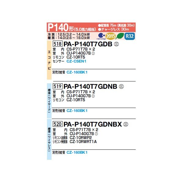 画像2: パナソニック [PA-P140T7GDNBX＋分岐管] 業務用エアコン 天井吊形 標準(ワイヤレス) 同時ツイン P140 形5.0馬力 三相200V ♪ (2)
