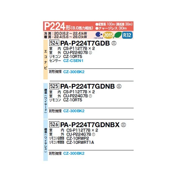画像2: パナソニック [PA-P224T7GDNBX＋分岐管] 業務用エアコン 天井吊形 標準(ワイヤレス) 同時ツイン P224 形8.0馬力 三相200V ♪ (2)