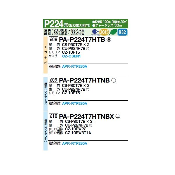 画像2: パナソニック [PA-P224T7HTNBX＋分岐管] 業務用エアコン 天井吊形 標準(ワイヤレス) 同時トリプル P224 形8.0馬力 三相200V ♪ (2)