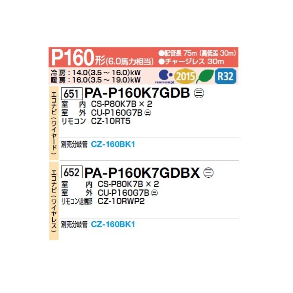 画像2: パナソニック [PA-P160K7GDBX＋分岐管] 業務用エアコン 壁掛形 XEPHY Premium エコナビ(ワイヤレス) 同時ツイン P160 形6.0馬力 三相200V ♪ (2)