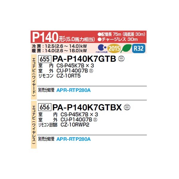 画像2: パナソニック [PA-P140K7GTBX＋分岐管] 業務用エアコン 壁掛形 エコナビ(ワイヤレス) 同時トリプル P140 形5.0馬力 三相200V ♪ (2)