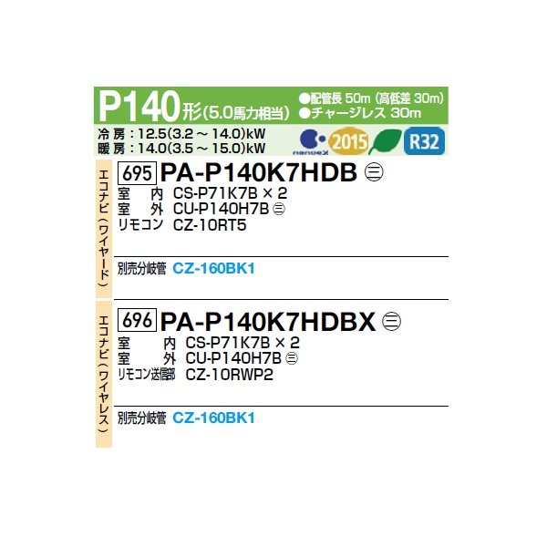 画像2: パナソニック [PA-P140K7HDBX＋分岐管] 業務用エアコン 壁掛形 XEPHY Eco エコナビ(ワイヤレス) 同時ツイン P140形 5.0馬力 三相200V ♪ (2)