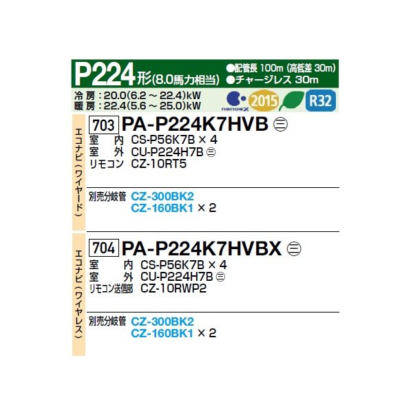 画像2: パナソニック [PA-P224K7HVBX＋分岐管] 業務用エアコン 壁掛形 XEPHY Eco エコナビ(ワイヤレス) 同時ダブルツイン P224形 8.0馬力 三相200V ♪ (2)