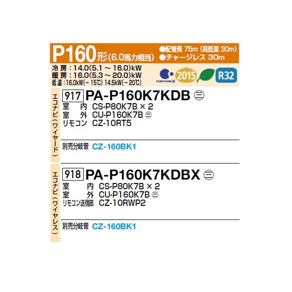 画像2: パナソニック [PA-P160K7KDBX＋分岐管] 業務用エアコン 壁掛形 フル暖 XEPHY エコナビ(ワイヤレス) 同時ツイン P160形 6.0馬力 三相200V ♪ (2)