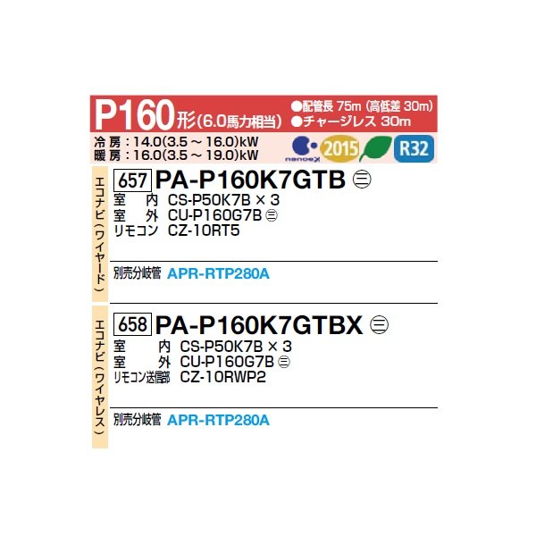 画像2: パナソニック [PA-P160K7GTBX＋分岐管] 業務用エアコン 壁掛形 エコナビ(ワイヤレス) 同時トリプル P160 形6.0馬力 三相200V ♪ (2)