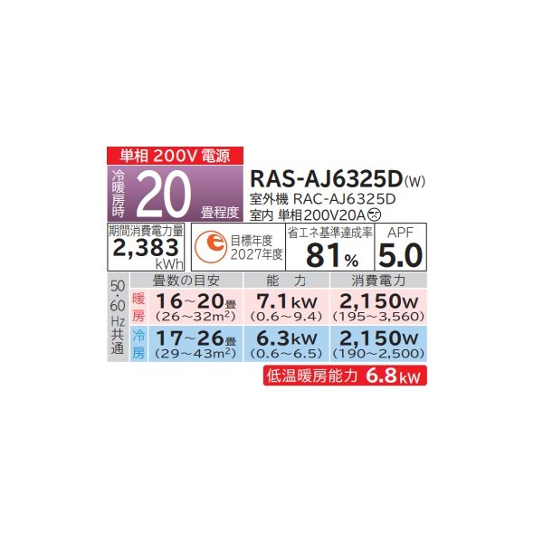画像2: 日立 RAS-AJ6325D(W) エアコン 20畳 ルームエアコン AJシリーズ 白くまくん 単相200V 20畳程度 スターホワイト (RAS-AJ63R2(W)の後継品) ♪ (2)