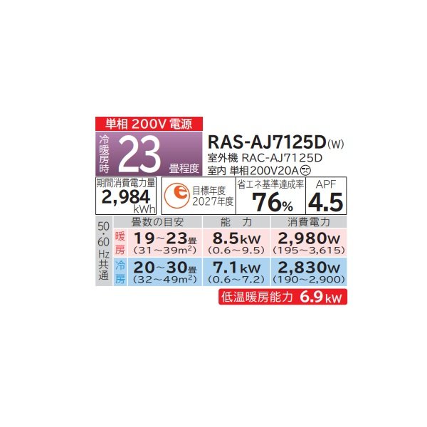 画像2: 日立 RAS-AJ7125D(W) エアコン 23畳 ルームエアコン AJシリーズ 白くまくん 単相200V 23畳程度 スターホワイト (RAS-AJ71R2(W)の後継品) ♪ (2)