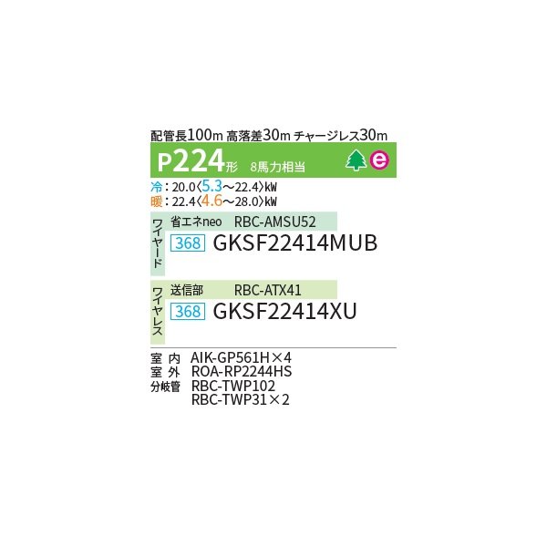 画像2: 日本キヤリア/旧東芝 GKSF22414MUB 業務用エアコン 壁掛形 スーパーパワーエコ ゴールド 同時ダブルツイン P224形 8馬力 三相200V ワイヤード ♪∀ (2)