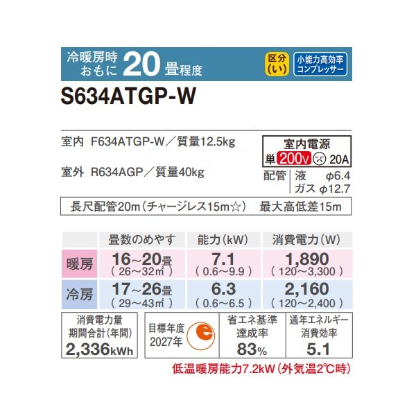 画像2: [在庫あり] ダイキン S634ATGP-W エアコン 20畳 ルームエアコン GXシリーズ 単相200V 20A 20畳程度 ホワイト ☆2♭ (2)