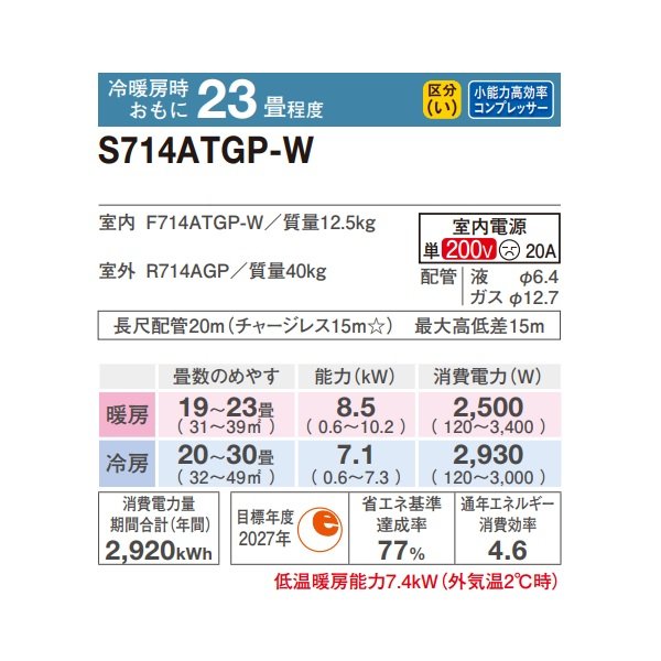 画像2: [在庫あり] ダイキン S714ATGP-W エアコン 23畳 ルームエアコン GXシリーズ 単相200V 20A 23畳程度 ホワイト ☆2♭ (2)
