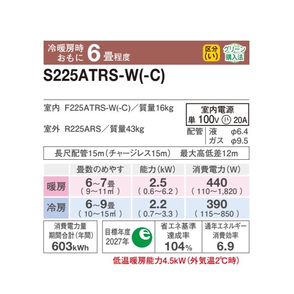 画像2: [在庫あり] ダイキン S225ATRS-W エアコン 6畳 ルームエアコン RXシリーズ うるるとさらら 単相100V 20A 6畳程度 ホワイト (S224ATRS-W 後継品) ☆2♭ (2)