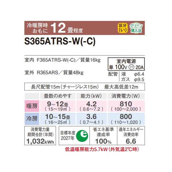 画像2: [在庫あり] ダイキン S365ATRS-W エアコン 12畳 ルームエアコン RXシリーズ うるるとさらら 単相100V 20A 12畳程度 ホワイト (S364ATRS-W 後継品) ☆2♭ (2)