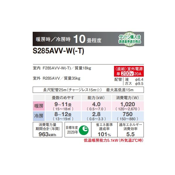 画像2: ダイキン S285AVV-W ハウジングエアコン 床置形 Vシリーズ 10畳程度 単相200V ホワイト (S28ZVV-Wの後継品) ♪ (2)