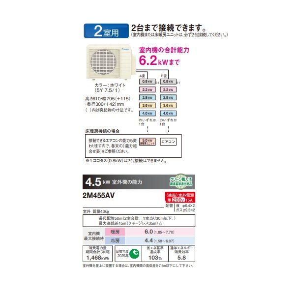 画像2: ダイキン 2M455AV マルチエアコン システムマルチ 室外機のみ 2室用 4.5kW 単相200V (2M453AVの後継品) ♪ (2)