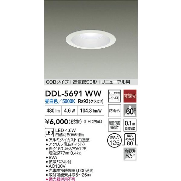 画像2: 大光電機(DAIKO) DDL-5691WW ダウンライト 埋込穴φ125 非調光 昼白色 LED内臓 ベーシック COBタイプ 高気密SB形 リニューアル用 防雨形 ホワイト (2)