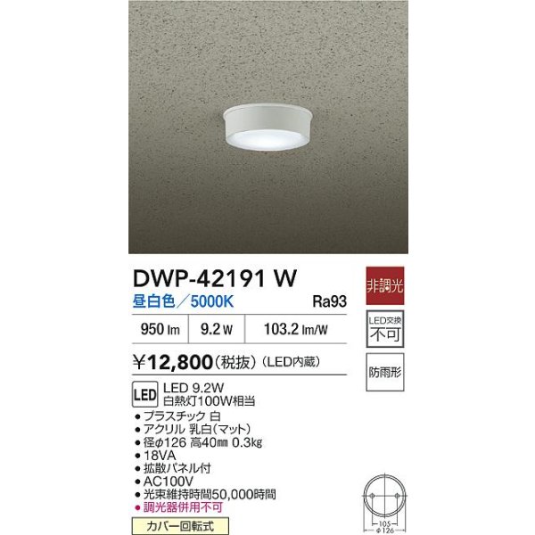 画像2: 大光電機(DAIKO) DWP-42191W アウトドアライト 軒下シーリング 非調光 昼白色 LED内臓 防雨形 ホワイト (2)