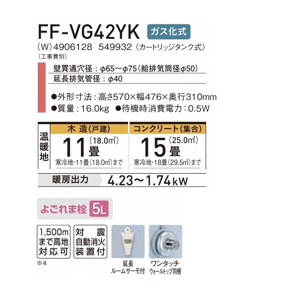 画像2: コロナ FF-VG42YK(W) FF式温風ヒーター 標準タイプ 木造11畳 ガス化式 ナチュラルホワイト VGシリーズ／カートリッジタンク式 (2)