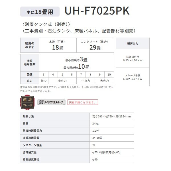 画像2: コロナ UH-F7025PK(N) 寒冷地用大型ストーブ FF式輻射＋床暖 シャインゴールド PKシリーズ 18畳用 (2)