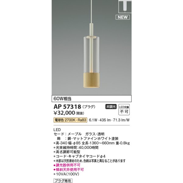 画像2: コイズミ照明 AP57318 ペンダント 非調光 電球色 プラグタイプ マットファインホワイト (2)