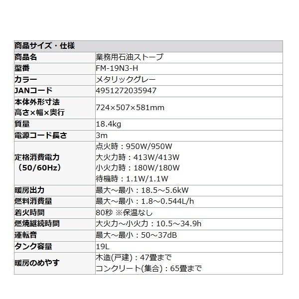 画像2: ダイニチ Dainichi FM-19N3-H 業務用石油ストーブ メタリックグレー 自然対流式 木造47畳 コンクリート65畳 ℃℃ (2)