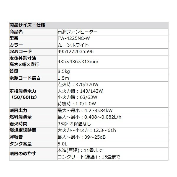画像2: ダイニチ Dainichi FW-4225NC-W 石油ファンヒーター ムーンホワイト 木造11畳 コンクリート15畳 ℃℃ (2)