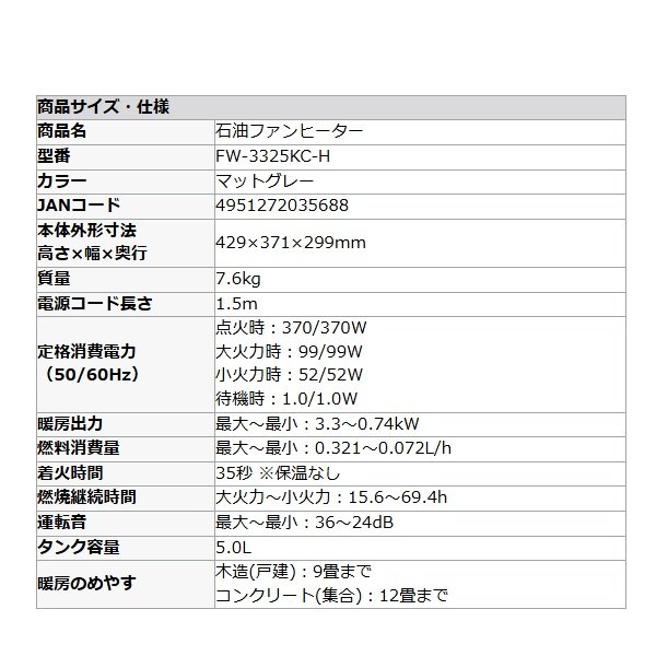 画像2: ダイニチ Dainichi FW-3325KC-H 石油ファンヒーター マットグレー 木造9畳 コンクリート12畳 小型 ℃℃ (2)