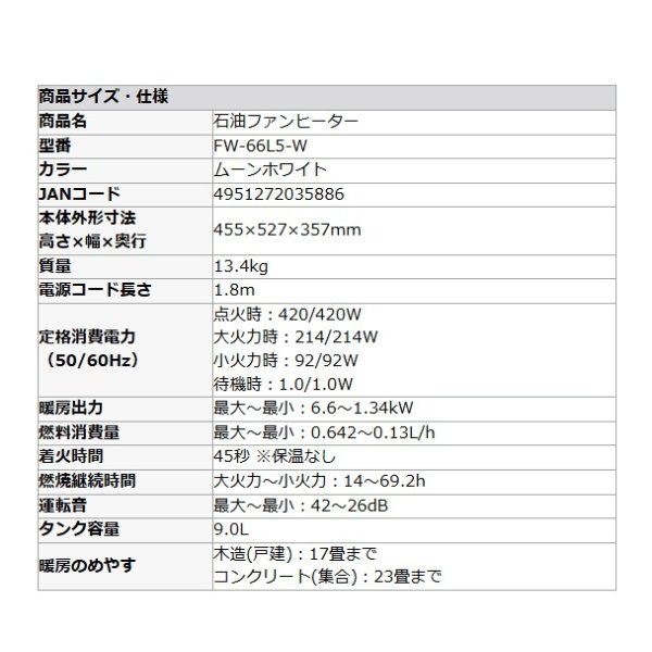 画像2: ダイニチ Dainichi FW-66L5-W 石油ファンヒーター ムーンホワイト 木造17畳 コンクリート23畳 ℃℃ (2)