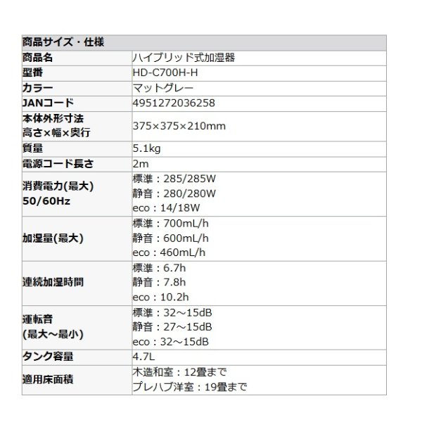 画像2: ダイニチ Dainichi HD-C700H-H ハイブリッド式加湿器 マットグレー プレハブ洋室19畳 木造和室12畳 ℃℃ (2)