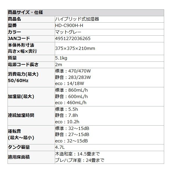画像2: ダイニチ Dainichi HD-C900H-H ハイブリッド式加湿器 マットグレー プレハブ洋室24畳 木造和室14.5畳 ℃℃ (2)