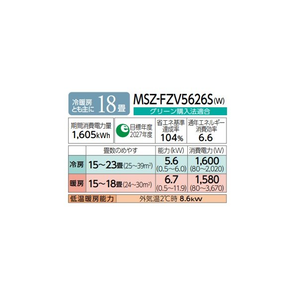 画像2: 三菱 MSZ-FZV5626S(W) エアコン 18畳 ルームエアコン FZシリーズ 単相200V/20A 18畳程度 ピュアホワイト (MSZ-FZV5625S-Wの後継品) ♪♭ (2)