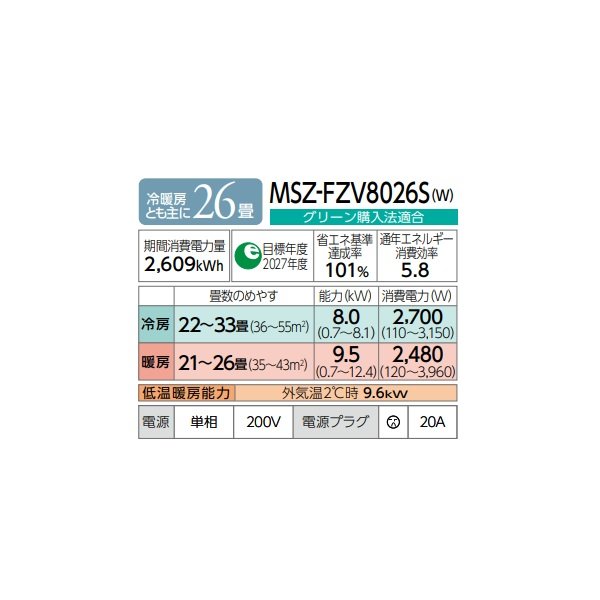 画像2: 三菱 MSZ-FZV8026S(W) エアコン 26畳 ルームエアコン FZシリーズ 単相200V/20A 26畳程度 ピュアホワイト (MSZ-FZV8025S-Wの後継品) ♪♭ (2)