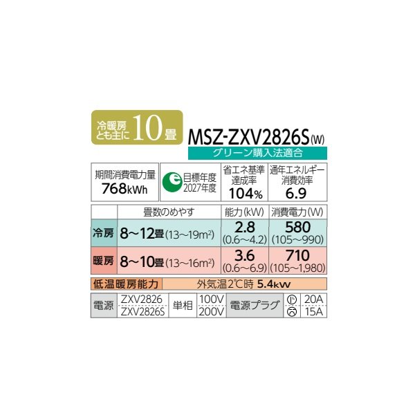 画像2: 三菱 MSZ-ZXV2826S(W) エアコン 10畳 ルームエアコン Zシリーズ 単相200V/15A 10畳程度 ピュアホワイト (MSZ-ZXV2825S-Wの後継品) ♪♭ (2)