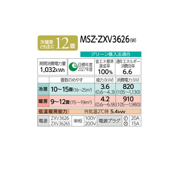 画像2: 三菱 MSZ-ZXV3626(W) エアコン 12畳 ルームエアコン Zシリーズ 単相100V/20A 12畳程度 ピュアホワイト (MSZ-ZXV3625-Wの後継品) ♪♭ (2)