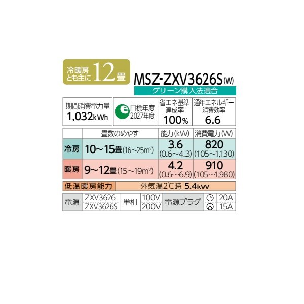 画像2: 三菱 MSZ-ZXV3626S(W) エアコン 12畳 ルームエアコン Zシリーズ 単相200V/15A 12畳程度 ピュアホワイト (MSZ-ZXV3625S-Wの後継品) ♪♭ (2)