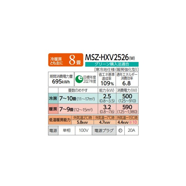 画像2: 三菱 MSZ-HXV2526(W) エアコン 8畳 ルームエアコン HXVシリーズ ズバ暖 寒冷地 単相100V/20A 8畳程度 ピュアホワイト (MSZ-HXV2525-Wの後継品) ♪♭ (2)