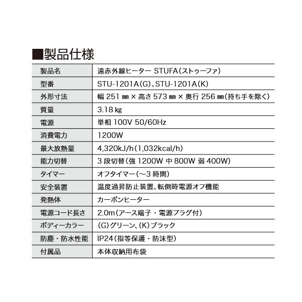 画像2: インターセントラル STU-1201A-G ストゥーファ アウトドア用遠赤外線ヒーター グリーン 100V W251×H573×Ｄ256 ♪ (2)