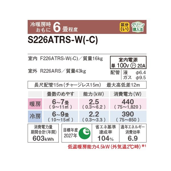 画像2: ダイキン S226ATRS-W エアコン 6畳 ルームエアコン RXシリーズ うるるとさらら 単相100V 20A 6畳程度 ホワイト (S225ATRS-W 後継品) ♪ (2)