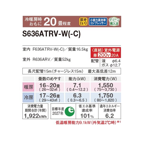 画像2: ダイキン S636ATRV-W エアコン 20畳 ルームエアコン RXシリーズ うるるとさらら 室外電源タイプ 単相200V 20A 20畳程度 ホワイト (S635ATRV-W 後継品) ♪ (2)