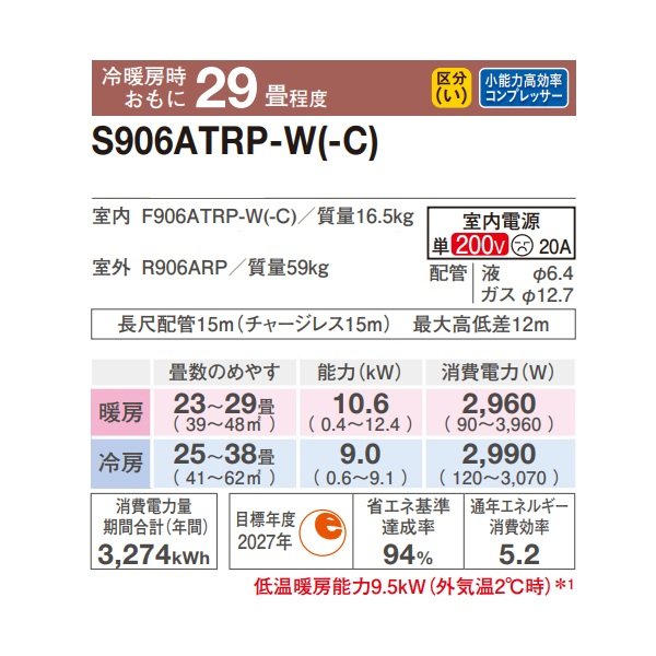 画像2: ダイキン S906ATRP-C エアコン 29畳 ルームエアコン RXシリーズ うるるとさらら 単相200V 20A 29畳程度 ベージュ (S905ATRP-C 後継品) ♪ (2)