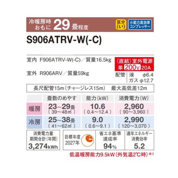 画像2: ダイキン S906ATRV-C エアコン 29畳 ルームエアコン RXシリーズ うるるとさらら 室外電源タイプ 単相200V 20A 29畳程度 ベージュ (S905ATRV-C 後継品) ♪ (2)